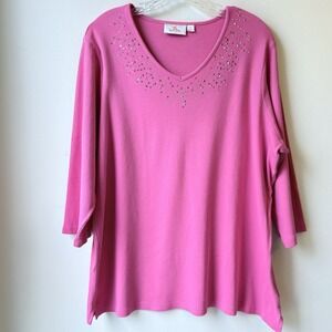 Quaker Factory V-Neck Studded Top 1X Pink Party Festive Casual Cotton